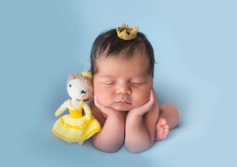 Fotografia newborn com bebê recém-nascido e personagem temático A Bela e a Fera, cenário azul suave'
