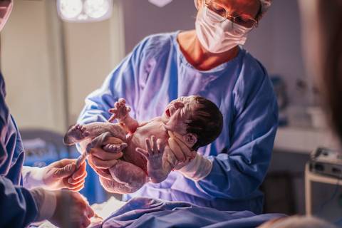 Recém-nascido sendo apresentado à mãe imediatamente após o nascimento, em sala de parto no Hospital Tacchini.'