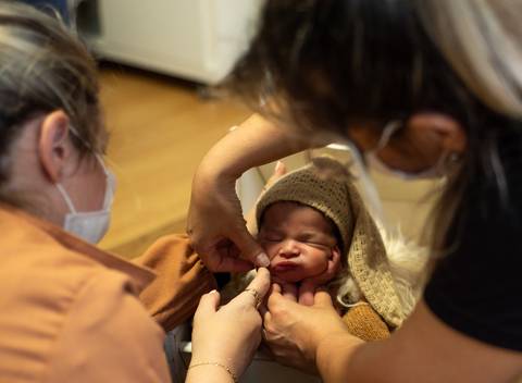 Aline Fontes acompanhando Priscilla Patzlaff Fotografias na mentoria newborn, orientando leitura do bebê e segurança no ensaio em estúdio.'