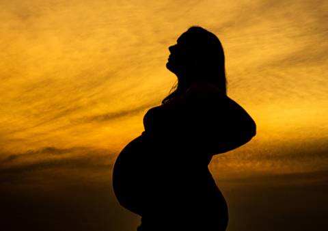 silhueta de ensaio gestante ao entardecer'