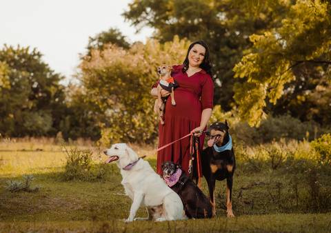 ensaio gestante com cachorros ao ar livre em cenário natural'