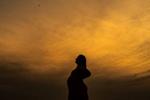  silhueta de gestante na praia ao entardecer
'