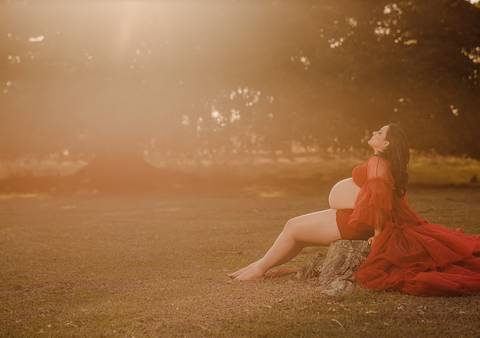 gestante sentada em cenário externo com luz natural'