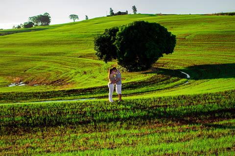 casal se beijando em campo verde com pé de manga em ensaio de gestante na zona rural de mandaguari regiao de maringa'