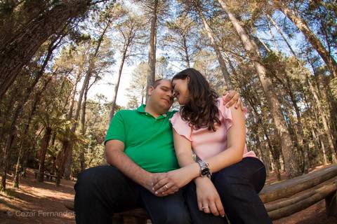 Fim de tarde em Campos dos Jordão - Ensaio pré casamento Larissa & Philipe em Campos dos Jordão, SP, Noiva e noivo posam em meio às Araucárias com uma vista incrível da paisagem da serra paulista. Fotos de casamento por Cezar Fernandes'