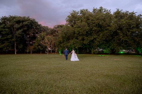 noivos caminhando no campo '