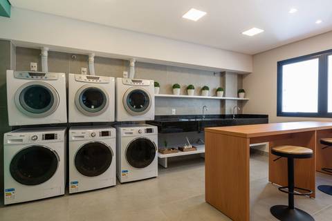 Laundry area in a bulding managed by Best Stay, short-therm rental company, Curitiba, Brazil'