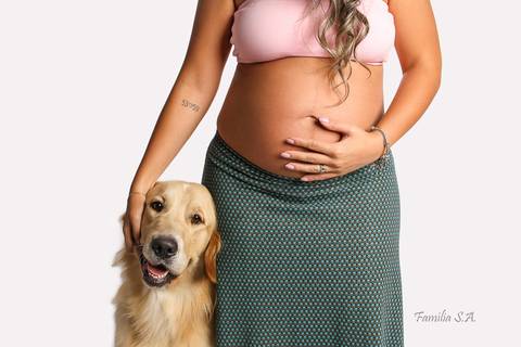 Ensaio Gestante com filho de 4 Patas cão pet'