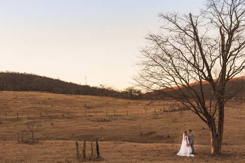 Casal vestindo terno e vestido de casamento posando em campo aberto próximos à uma arvore.'