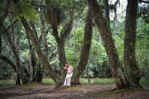 Mulher grávida em contato com a natureza em ensaio na natureza'