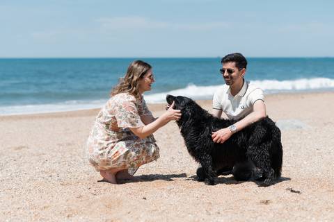 Sessão de casal com animais na praia '