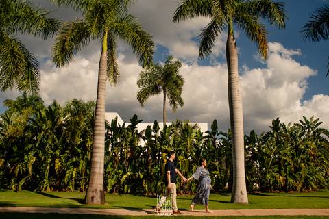 foto ensaio gestante com os noivos andando com palmeiras e bananeiras'