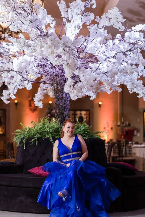 vestido azul 15 anos na pista de dança com arvore francesa '