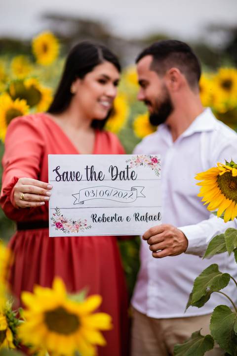 ensaio casal macena flores holambra pre wedding lindo plantação girasol com placa salve essa data'