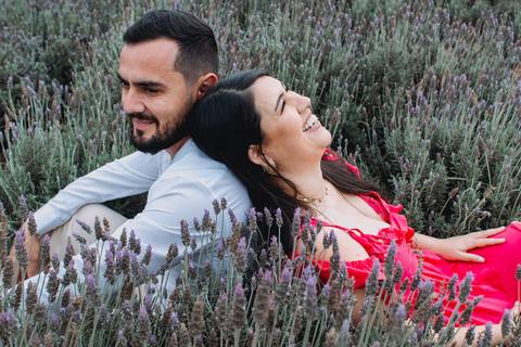 ensaio casal macena flores holambra pre wedding lindo plantação canteiro de lavanda sentados'