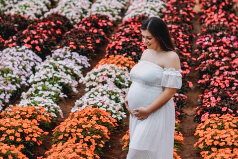 plantação de flores larange, branca e roxa com gestante ao meio'