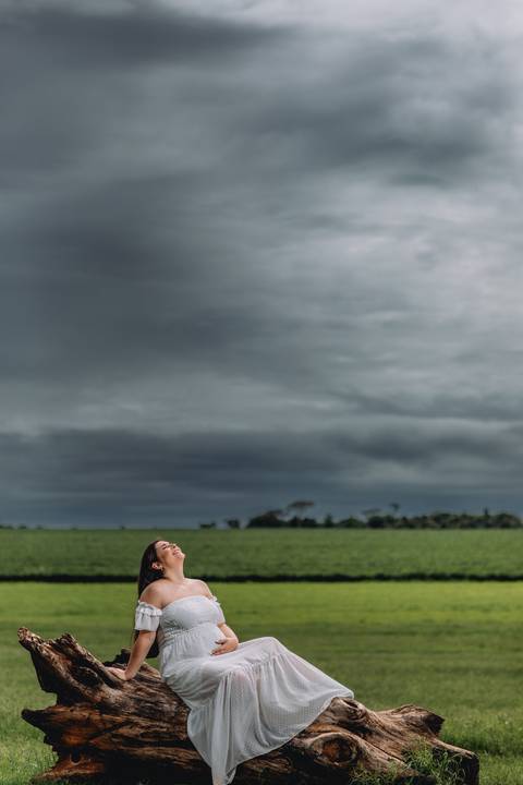 gestante thais sentada em tronco com nuvens carregadas ao horizonte'