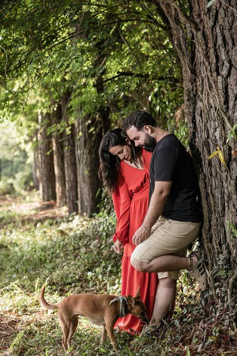 casal encostado em arvore com cachorrinho'