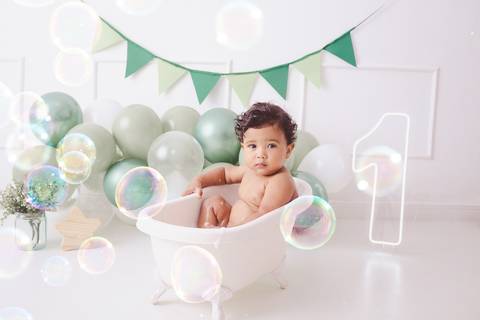 Ensaio Smash the Cake 1 ano, hora do banho Studio Mila Werneck, Barueri'