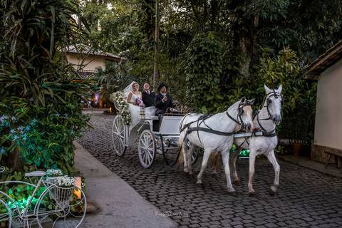 chegada dos noivos em uma carruagem puxada por dois cavalos brancos '