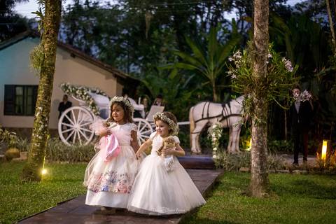 entrada das damas de honra vestido branco e rosa ambiente externo vegetação coqueiros casa rústica carruagem '