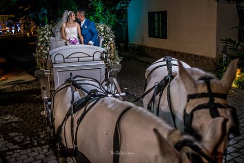 saída dos noivos de carruagem branca decorada com flores puxada por dois cavalos brancos '