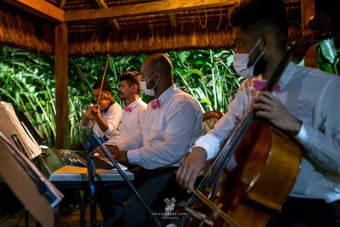 banda casamento tocam estrutura de madeira vegetação ao fundo '