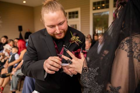 Halloween wedding
black wedding dress
wedding tattoo ring
fall wedding in CT
wedding venue with a lake in CT
Lake House Wolcott CT
wedding Bouquet with crystal
Wedding photography
wedding in October
Vanessa Trettel Photography
wedding at Lake House
'