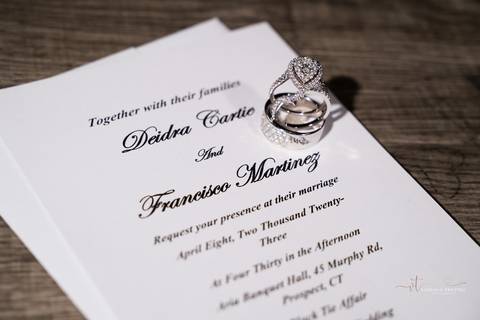 Wedding detail photo with invitation and ring
Wedding Venue CT
#weddingphotography #bridetobe, #groomtobe #weddinginspiration
Aria Wedding and Banquet Facility • Prospect • CT
Vanessa Trettel Photography
Best wedding photographer in CT'