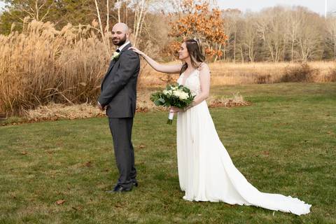 Wedding photo at The Hounds, Stonington CT, groom and bride first look picture, the bride put her hand at his shoulder, the photographer was by Vanessa Trettel.
Professional wedding photographer
CT wedding Venue
engagement photographer'