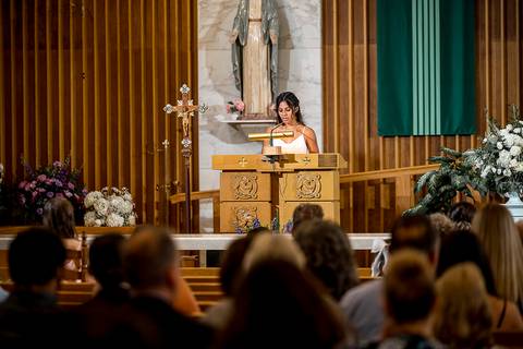 Family and friends watch with emotion as the couple exchanges vows during their heartfelt church ceremony.
Saint Therese Church at North Haven, CT
Vanessa Trettel Photography'