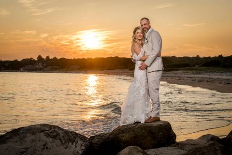 Sunset portraits on the beach. The perfect end to a perfect day. #SunsetWedding #BeachPhotoshoot #WeddingPhotographerCT #NewYorkWedding'