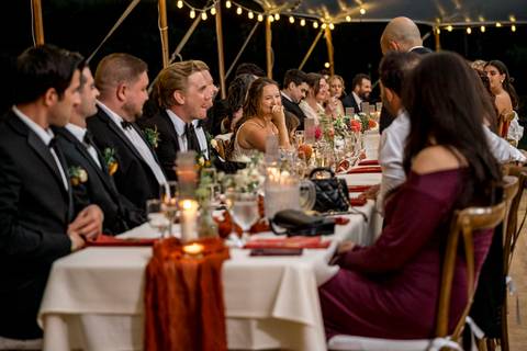 Newlyweds raise their glasses during a joyful wedding toast, celebrating love and laughter with family and friends.'