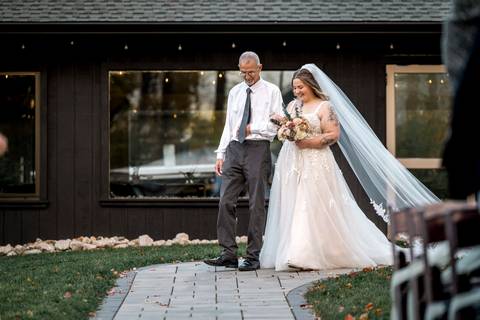 Bride walking down the aisle with her father during outdoor ceremony at Nuzzo’s Farm by Vanessa Trettel, CT Wedding Photographer serving NY'