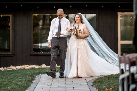 Emotional father-daughter walk at outdoor wedding ceremony at Nuzzo’s Farm by Vanessa Trettel, CT Wedding Photographer serving NY'