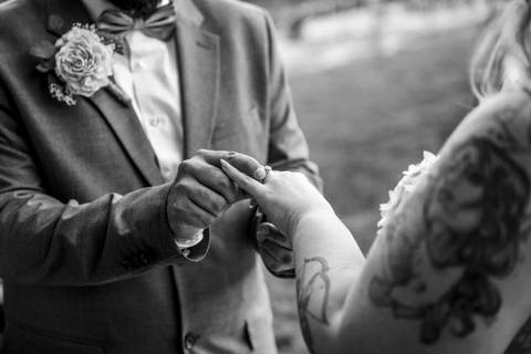 Close-up of wedding ring exchange at Nuzzo’s Farm ceremony by Vanessa Trettel, CT Wedding Photographer serving NY'