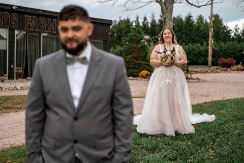 Groom’s reaction during first look at Nuzzo’s Farm in Branford CT by Vanessa Trettel, CT Wedding Photographer serving NY'