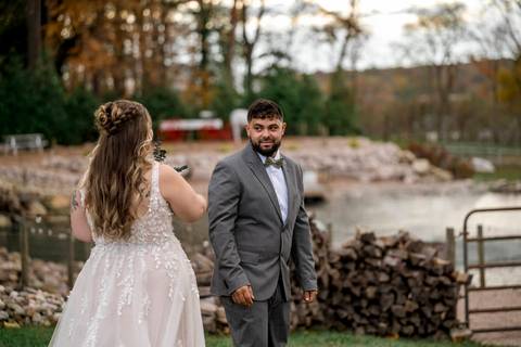 First look hugs and tears at Nuzzo’s Farm wedding photographed by Vanessa Trettel, CT Wedding Photographer serving NY'