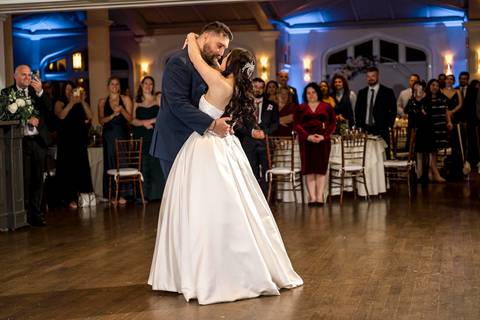 Nick and Emina sharing their romantic first dance in the Whitby Castle ballroom, beautifully captured by Vanessa Trettel Photography.'