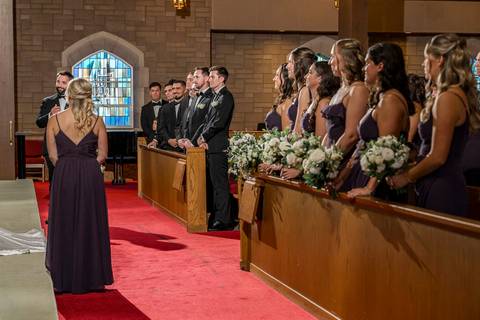 Bridesmaids and groomsmen standing at the altar in St. Rita’s Church.
Vanessa Trettel Photography
Wedding photo at Anthony's Ocean View | New Haven CT '