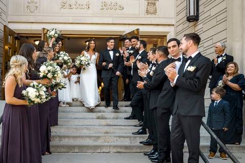 Alison and Joseph sharing a kiss on the church staircase.
Vanessa Trettel Photography
Wedding photo at Anthony's Ocean View | New Haven CT '