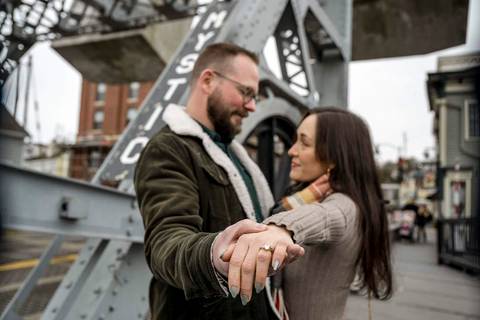 Amelia and Kenneth share a romantic kiss on the Mystic Drawbridge during a rainy winter afternoon in CT.
Vanessa Trettel Photography
engagement photo at Mystic CT'
