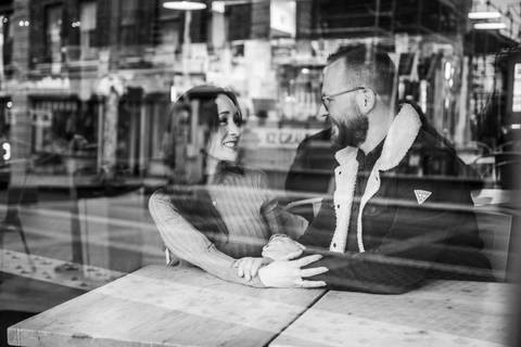 Amelia and Kenneth walking past historic brick storefronts in downtown Mystic, CT.
Vanessa Trettel Photography
engagement photo at Mystic CT'