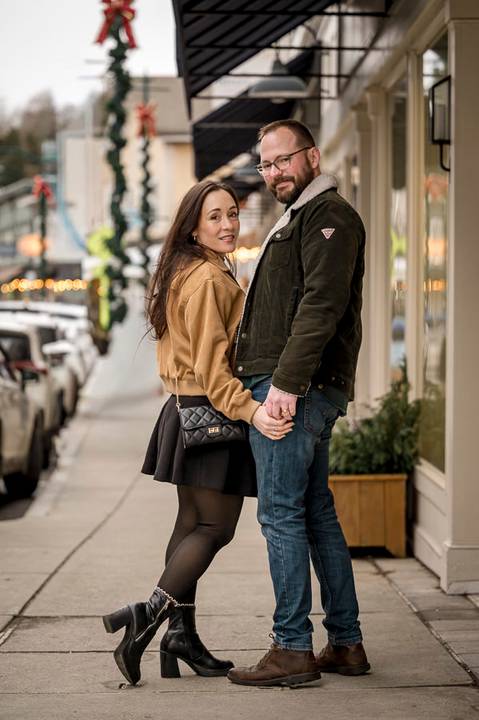 Close-up of the couple's joined hands against the textures of Mystic’s historic shops.
Vanessa Trettel Photography
engagement photo at Mystic CT'