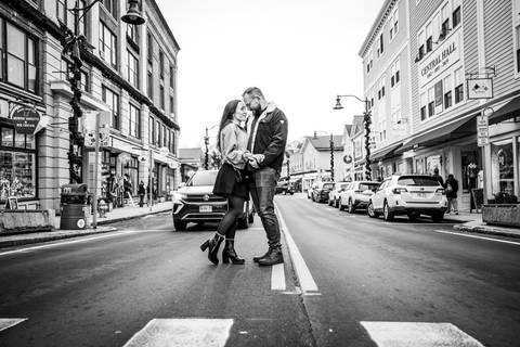 Amelia and Kenneth embracing in the middle of a quiet, moody street in downtown Mystic, CT.
Vanessa Trettel Photography
engagement photo at Mystic CT'