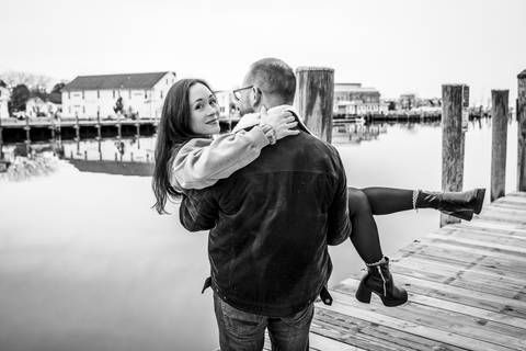 The couple leaning against a nautical pier in Mystic, CT, during a moody winter day.
Vanessa Trettel Photography
engagement photo at Mystic CT'