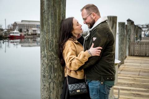 Kenneth spinning Amelia on the docks, capturing joyful movement against a cloudy backdrop.
Vanessa Trettel Photography
engagement photo at Mystic CT'