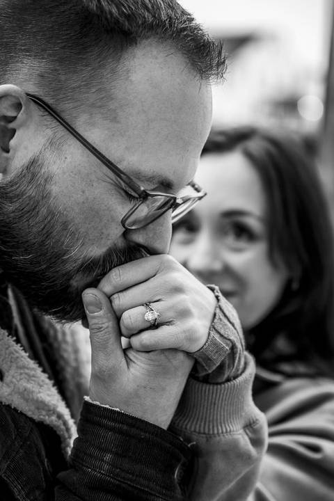 Close-up of Amelia’s engagement ring with the blurred, misty Mystic River in the background.
Vanessa Trettel Photography
engagement photo at Mystic CT'