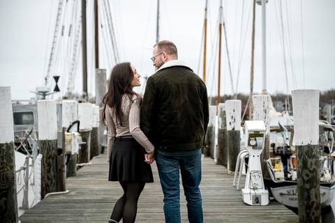 The couple looking out at the water, surrounded by the maritime charm of Mystic, CT.
Vanessa Trettel Photography
engagement photo at Mystic CT'