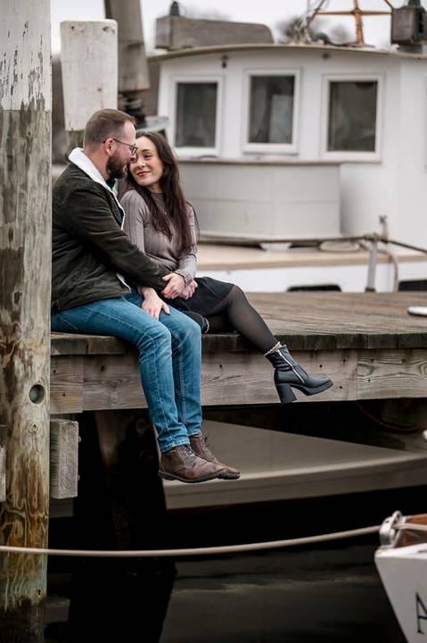 The couple sharing a quiet moment on a park bench overlooking the misty Mystic harbor.
Vanessa Trettel Photography
engagement photo at Mystic CT'
